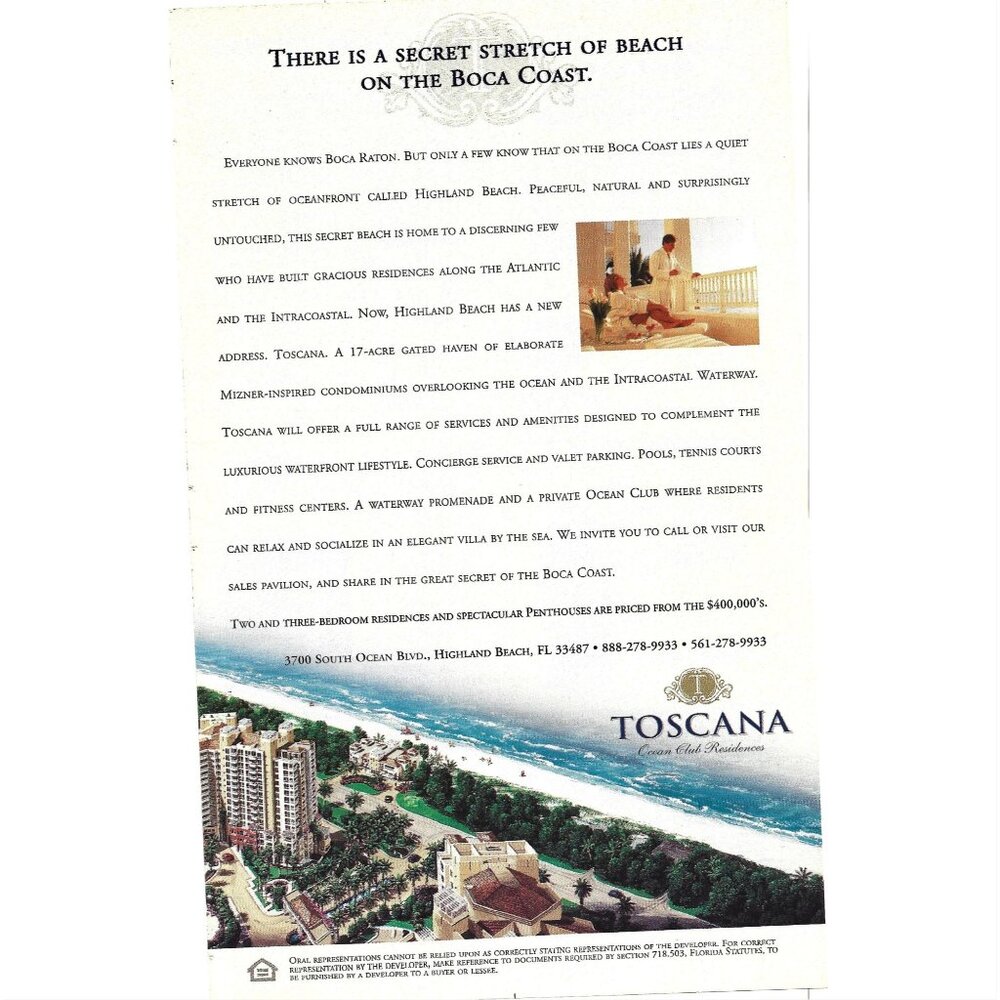 Toscana Ocean Club Residences 1997 Print Ad Florida Resort